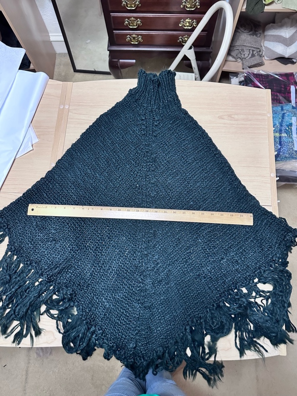 Handknit Fringe Poncho in Deep Teal